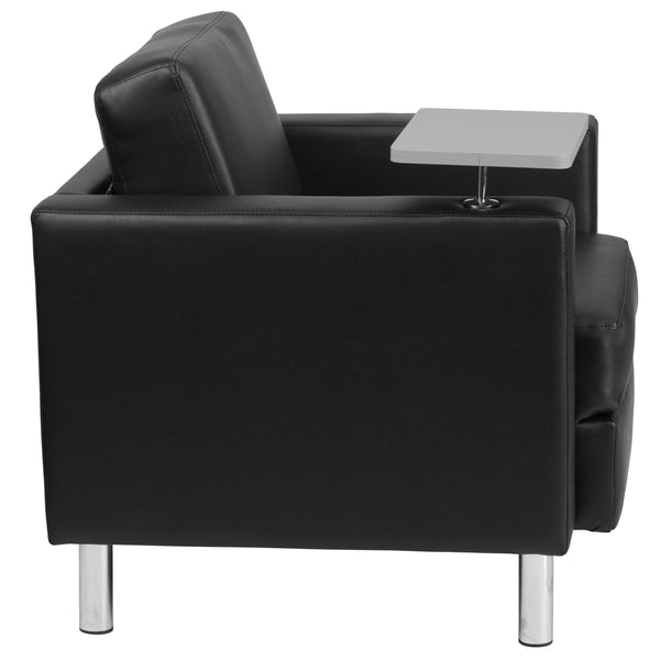 Black LeatherSoft |#| Black LeatherSoft Guest Chair with Tablet Arm, Tall Chrome Legs and Cup Holder