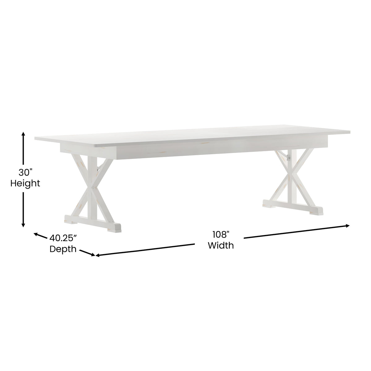 Antique Rustic White |#| Solid Pine Farm Dining Table with X-Style Legs in Antique Rustic White-9' x 40inch