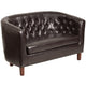 Brown |#| Brown LeatherSoft Upholstered Button Tufted Loveseat with Mahogany Legs