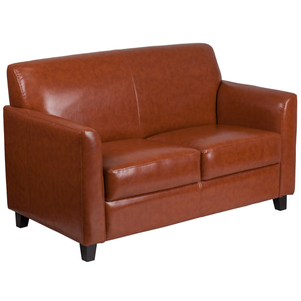 Cognac |#| Cognac LeatherSoft Loveseat with Clean Line Stitched Frame - Reception Seating