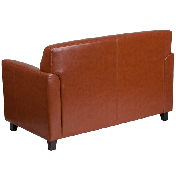 Cognac |#| Cognac LeatherSoft Loveseat with Clean Line Stitched Frame - Reception Seating