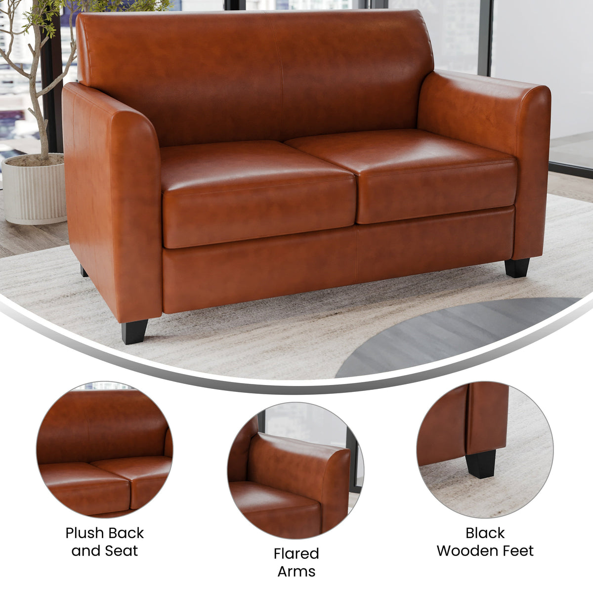 Cognac |#| Cognac LeatherSoft Loveseat with Clean Line Stitched Frame - Reception Seating