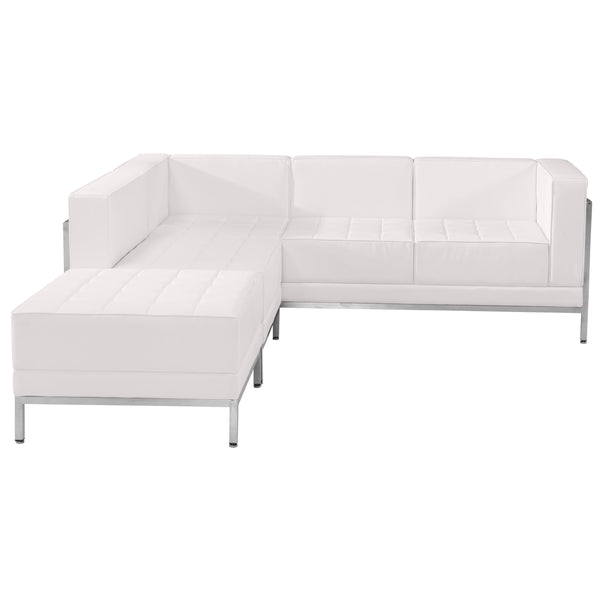 Melrose White |#| 3 Piece White LeatherSoft Modular Sectional Configuration - Stainless Steel Legs
