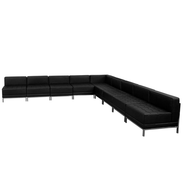 Black |#| 9 Piece Black LeatherSoft Modular Sectional Configuration - Stainless Steel Legs