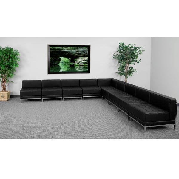 Black |#| 9 Piece Black LeatherSoft Modular Sectional Configuration - Stainless Steel Legs