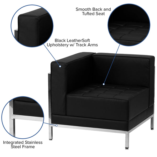 Black |#| 9 Piece Black LeatherSoft Modular Sectional Configuration - Stainless Steel Legs