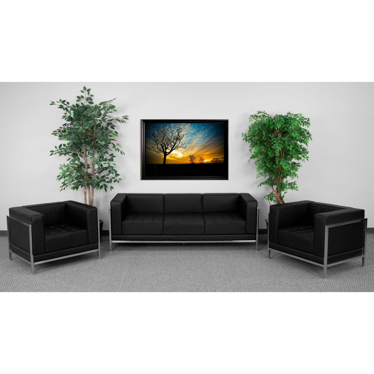 Black LeatherSoft Modular Sofa & Chair Set with Taut Back and Seat