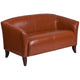 Cognac |#| Cognac LeatherSoft Loveseat w/ Cherry Wood Feet - Lobby or Home Office Seating