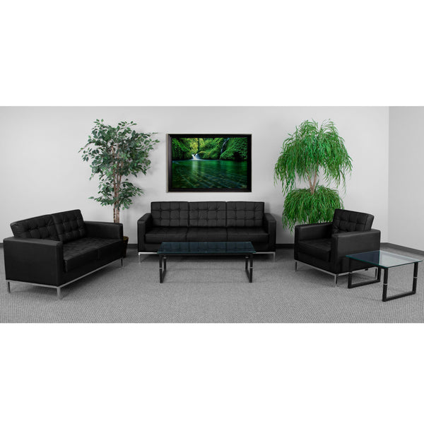 Black |#| Tufted Black LeatherSoft Reception Set with Integrated Stainless Steel Frame