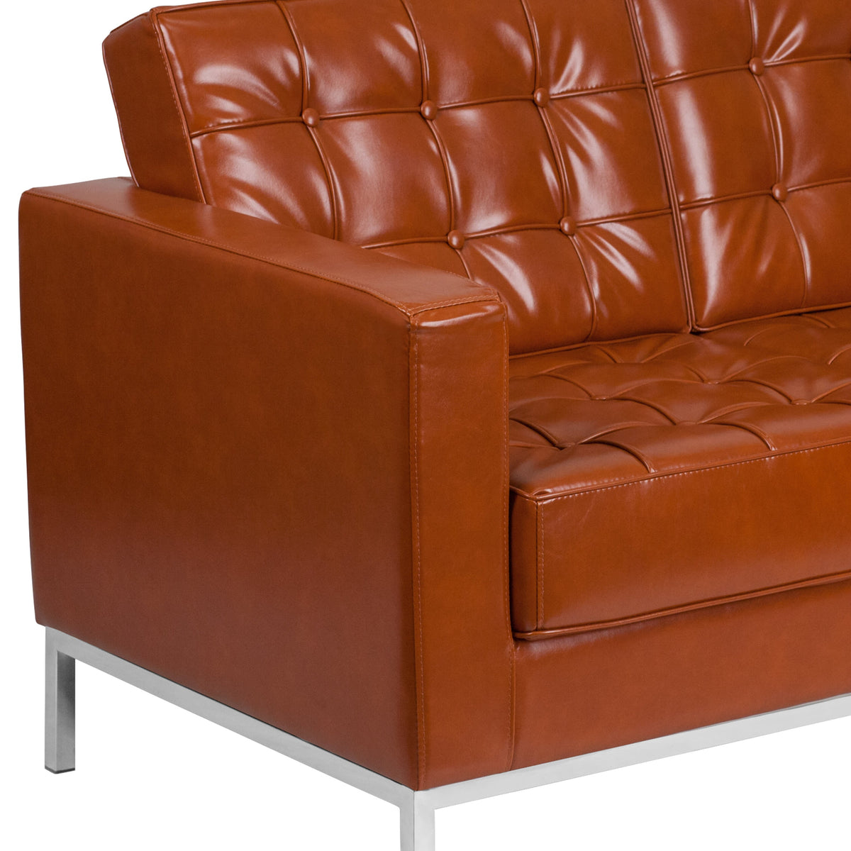 Cognac |#| Button Tufted Cognac LeatherSoft Loveseat w/Integrated Stainless Steel Frame