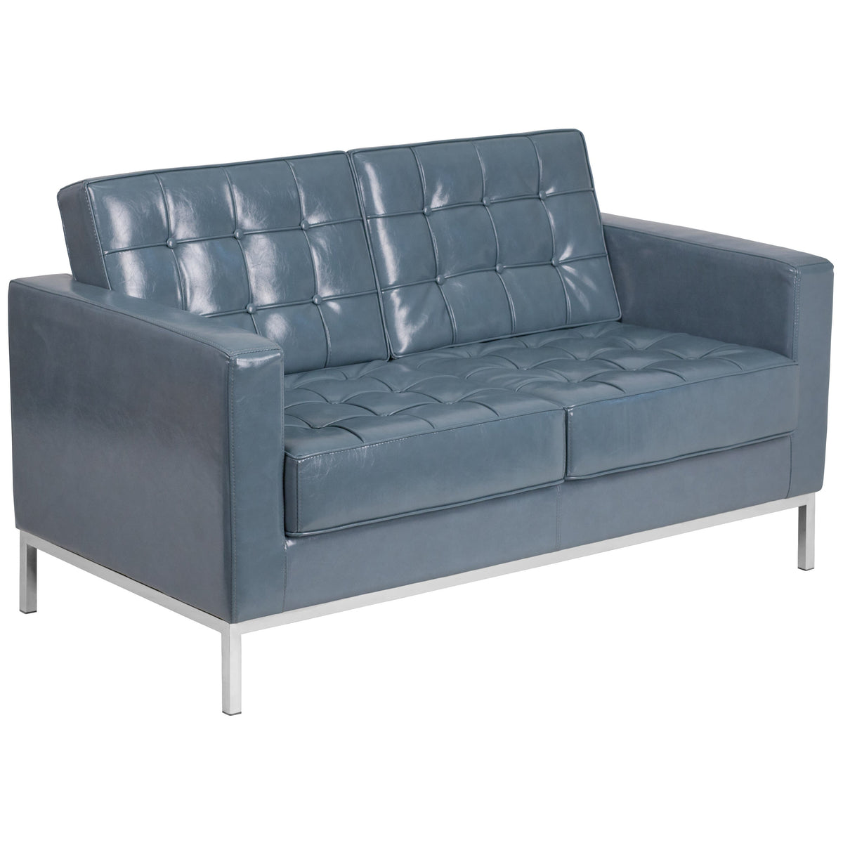 Gray |#| Button Tufted Gray LeatherSoft Loveseat w/Integrated Stainless Steel Frame