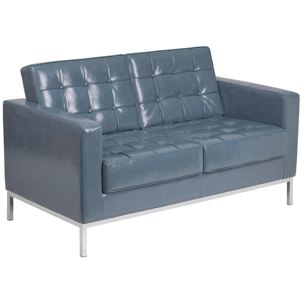 Gray |#| Button Tufted Gray LeatherSoft Loveseat w/Integrated Stainless Steel Frame