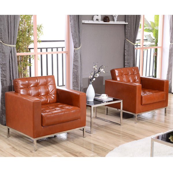 Cognac |#| Button Tufted Cognac LeatherSoft Chair with Integrated Stainless Steel Frame