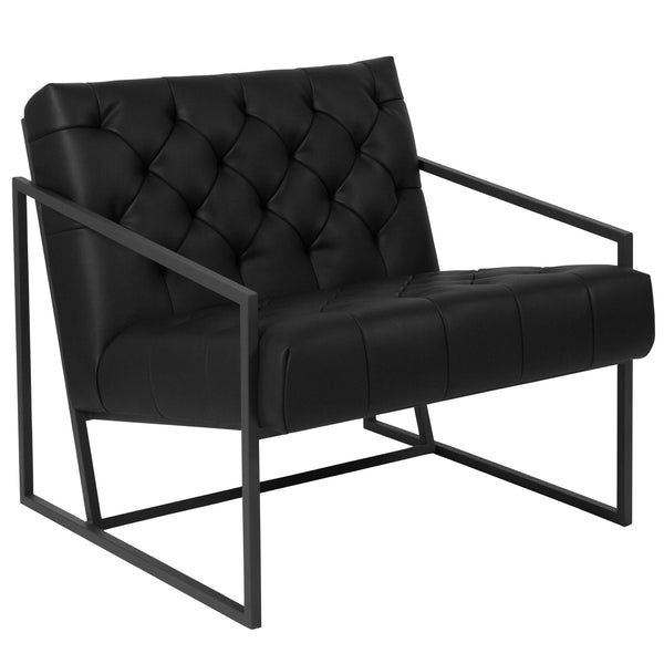 Black |#| Black LeatherSoft Tufted Lounge Chair with Integrated Frame & Slanted Arms