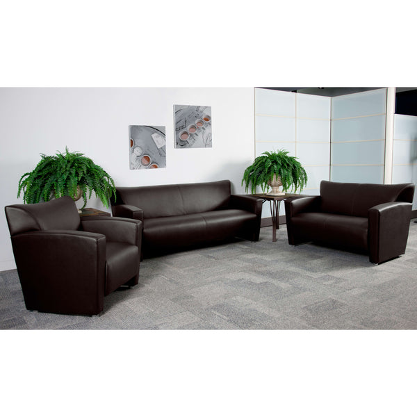 Brown |#| Brown LeatherSoft Loveseat w/ Extended Panel Arms - Reception & Lounge Seating