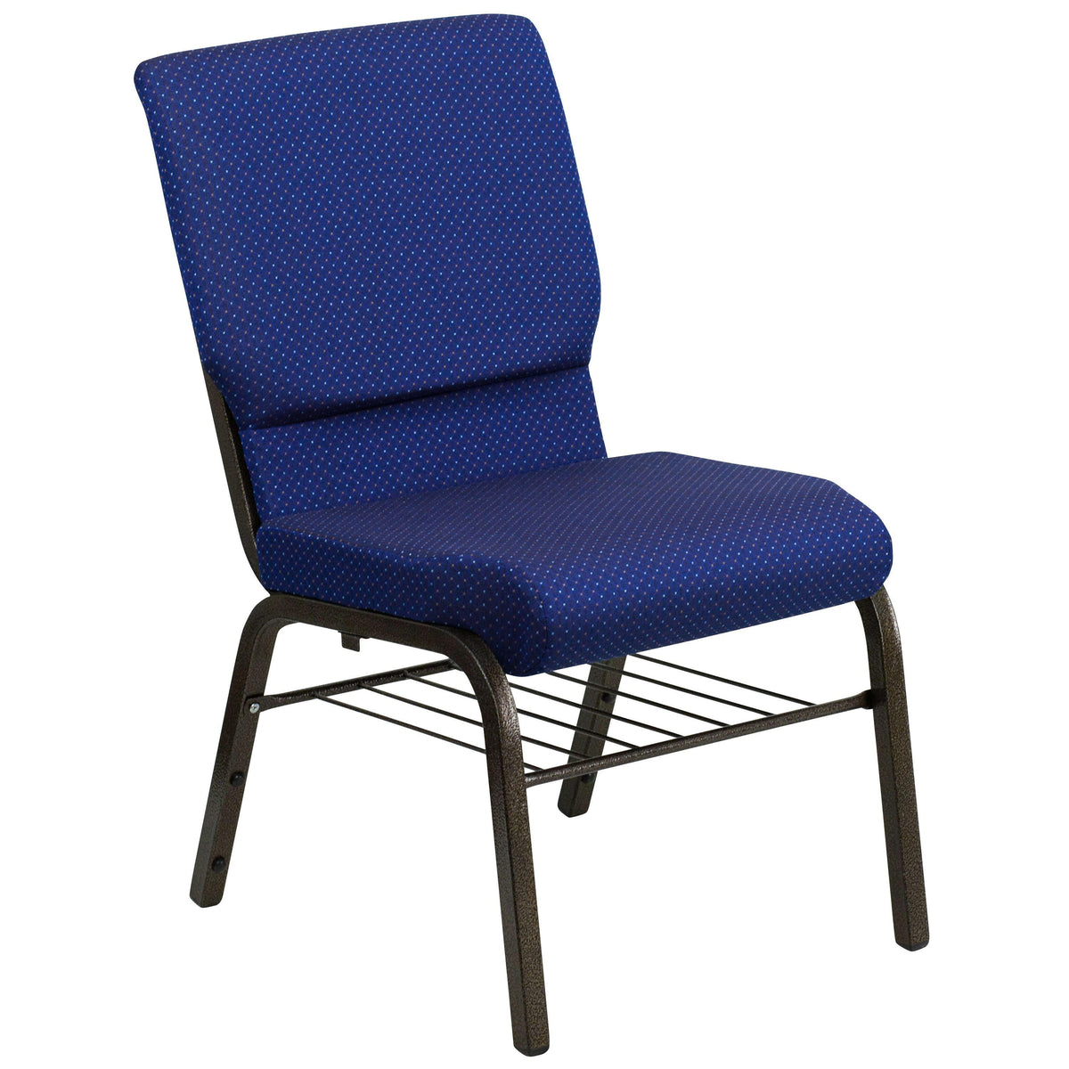 Navy Blue Patterned Fabric/Gold Vein Frame |#| 18.5inchW Church Chair in Navy Blue Patterned Fabric w/ Book Rack - Gold Vein Frame