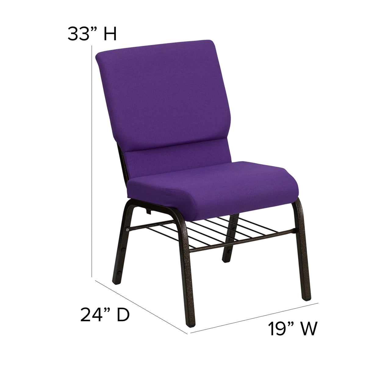Purple Fabric/Gold Vein Frame |#| 18.5inchW Church Chair in Purple Fabric with Book Rack - Gold Vein Frame