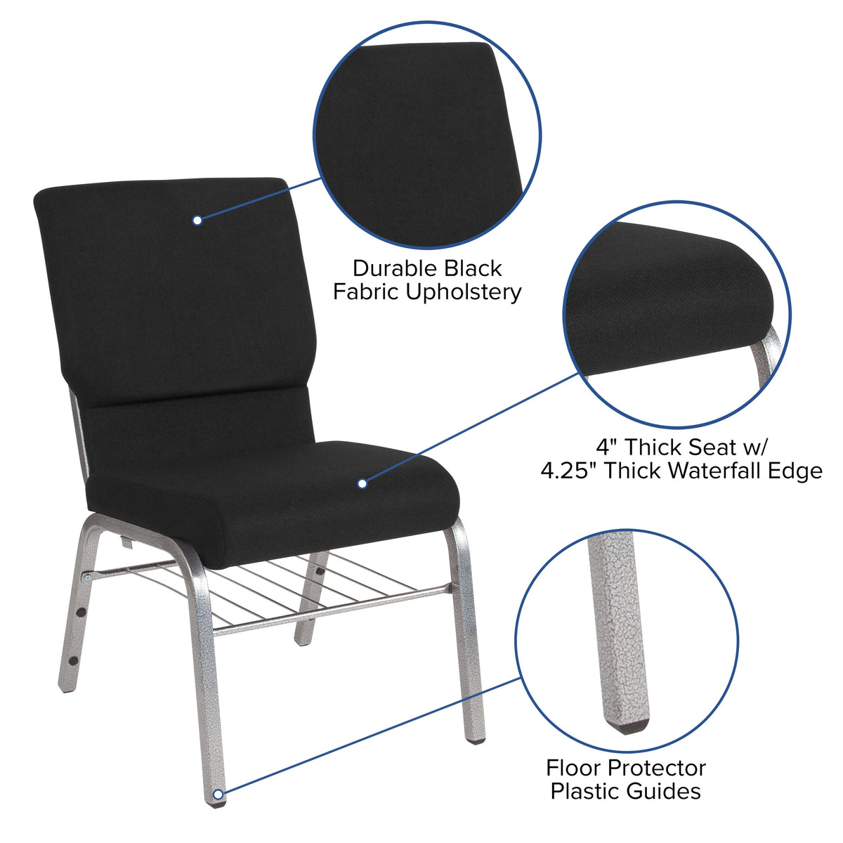 Black Fabric/Silver Vein Frame |#| 18.5inchW Church Chair in Black Fabric with Book Rack - Silver Vein Frame