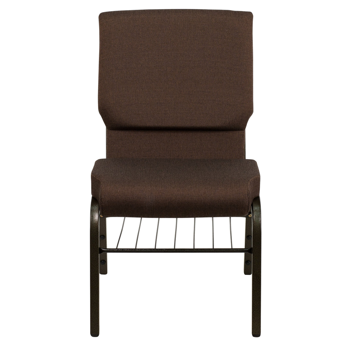 Brown Fabric/Gold Vein Frame |#| 18.5inchW Church Chair in Brown Fabric with Book Rack - Gold Vein Frame