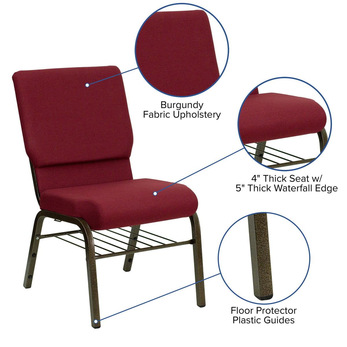 Burgundy Fabric/Gold Vein Frame |#| 18.5inchW Church Chair in Burgundy Fabric with Book Rack - Gold Vein Frame
