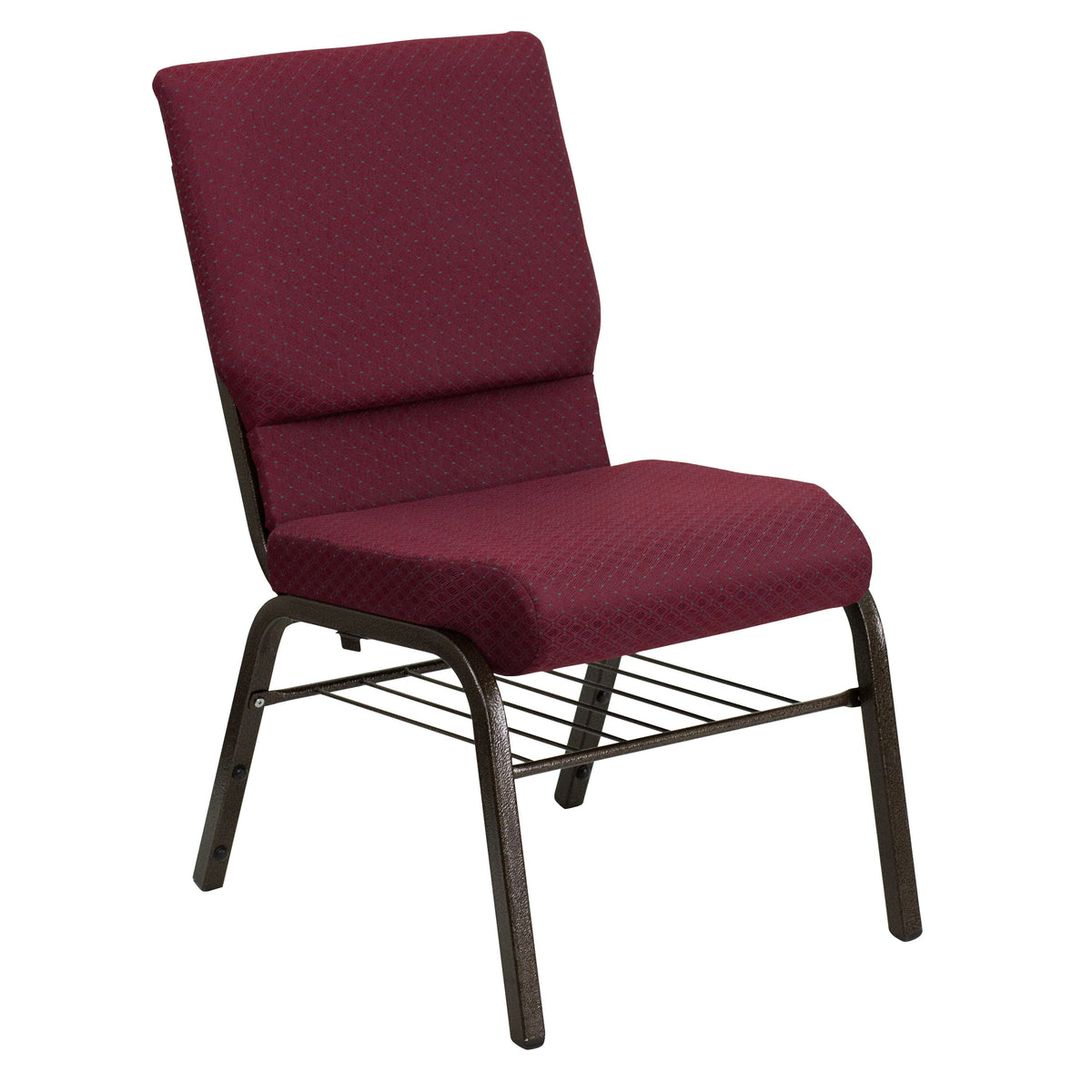 Burgundy Patterned Fabric/Gold Vein Frame |#| 18.5inchW Church Chair in Burgundy Patterned Fabric w/ Book Rack - Gold Vein Frame