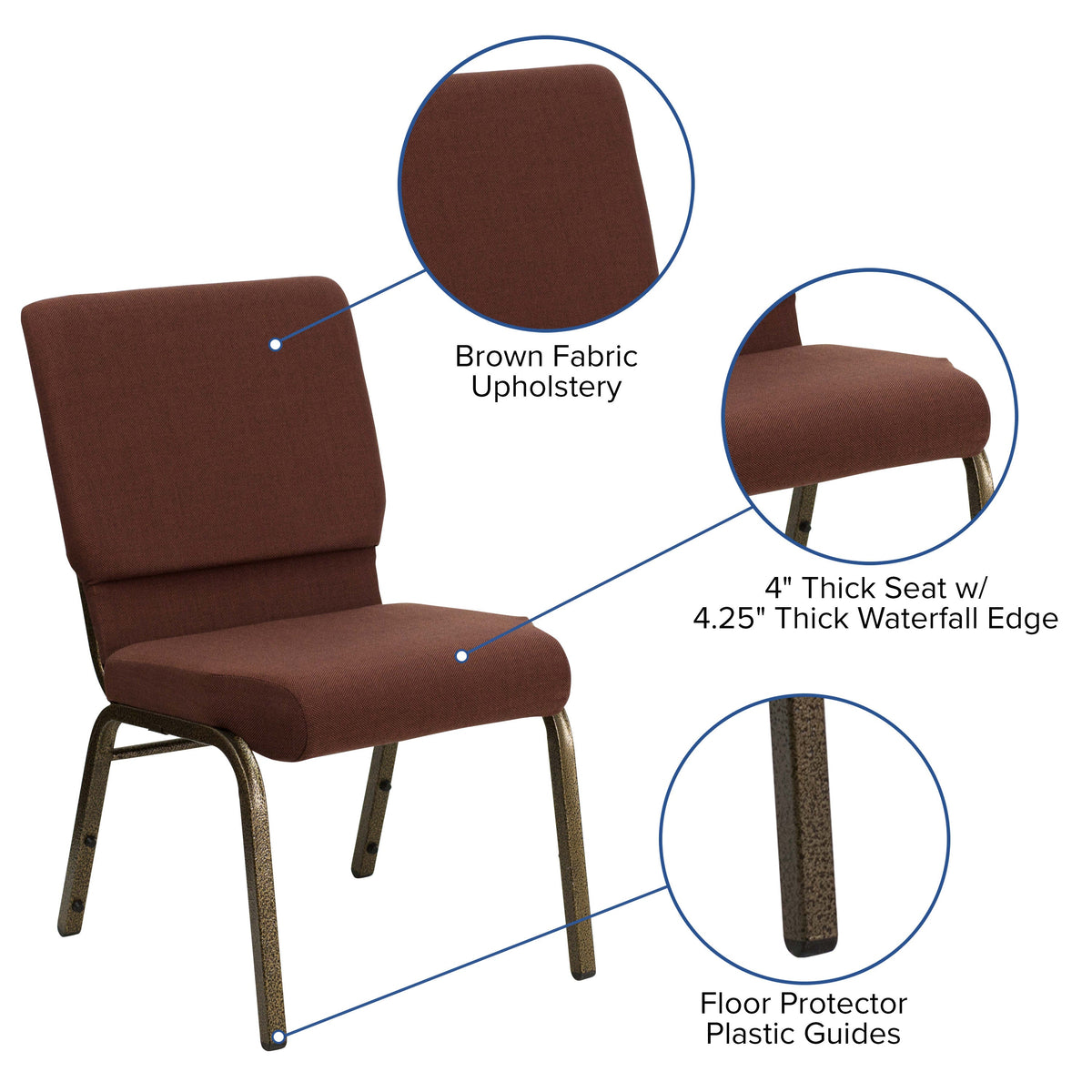 Brown Fabric/Gold Vein Frame |#| 18.5inchW Stacking Church Chair in Brown Fabric - Gold Vein Frame