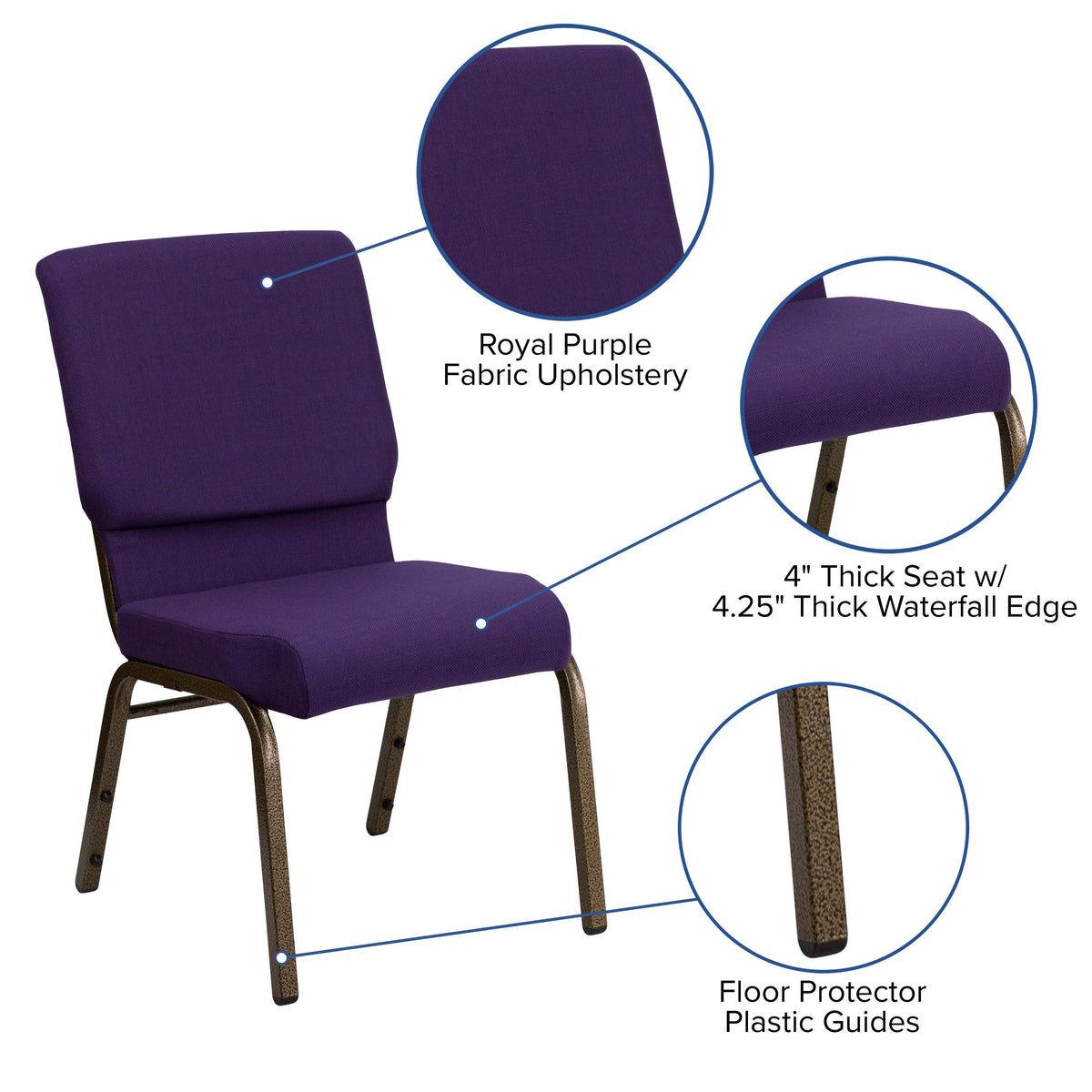 Royal Purple Fabric/Gold Vein Frame |#| 18.5inchW Stacking Church Chair in Royal Purple Fabric - Gold Vein Frame