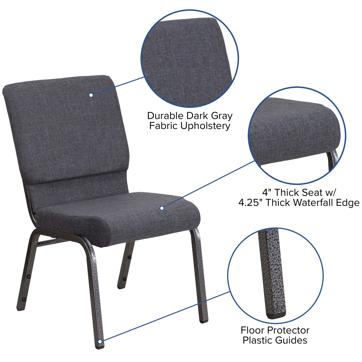 Dark Gray Fabric/Silver Vein Frame |#| 18.5inchW Stacking Church Chair in Dark Gray Fabric - Silver Vein Frame