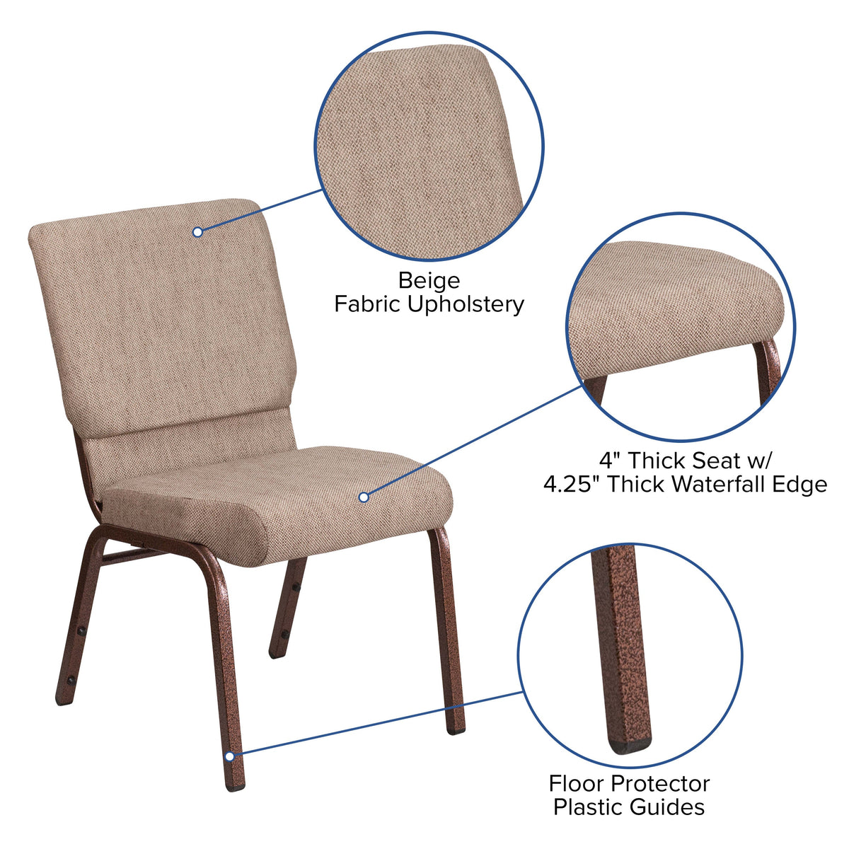 Beige Fabric/Copper Vein Frame |#| 18.5inchW Stacking Church Chair in Beige Fabric - Copper Vein Frame
