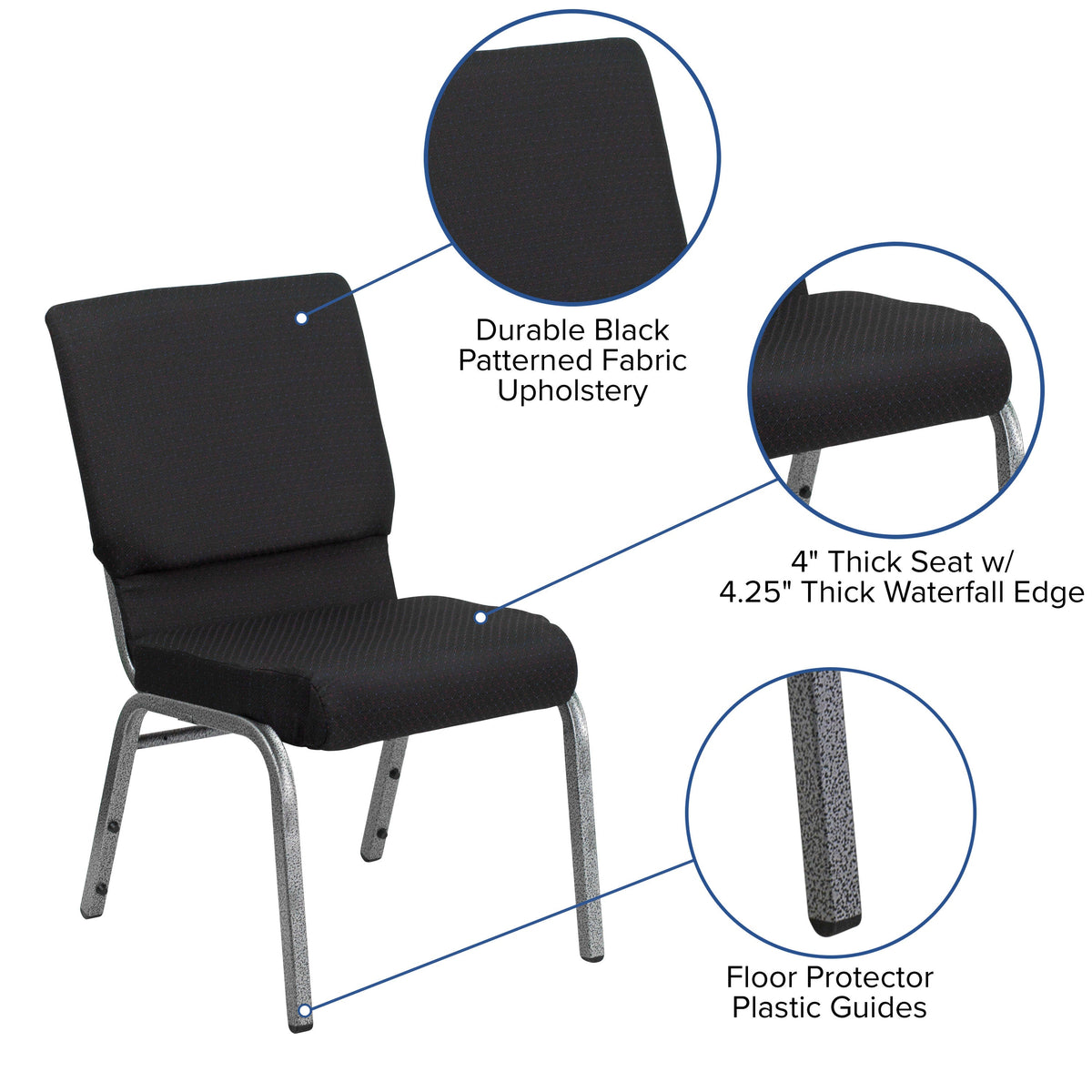 Black Patterned Fabric/Silver Vein Frame |#| 18.5inchW Stacking Church Chair in Black Patterned Fabric - Silver Vein Frame