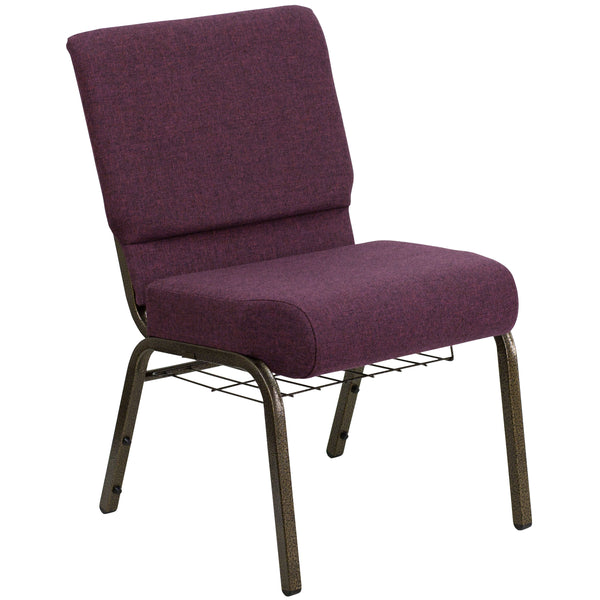 Plum Fabric/Gold Vein Frame |#| 21inchW Church Chair in Plum Fabric with Cup Book Rack - Gold Vein Frame