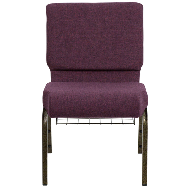 Plum Fabric/Gold Vein Frame |#| 21inchW Church Chair in Plum Fabric with Cup Book Rack - Gold Vein Frame