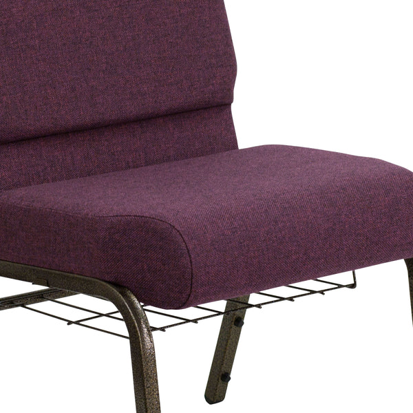 Plum Fabric/Gold Vein Frame |#| 21inchW Church Chair in Plum Fabric with Cup Book Rack - Gold Vein Frame