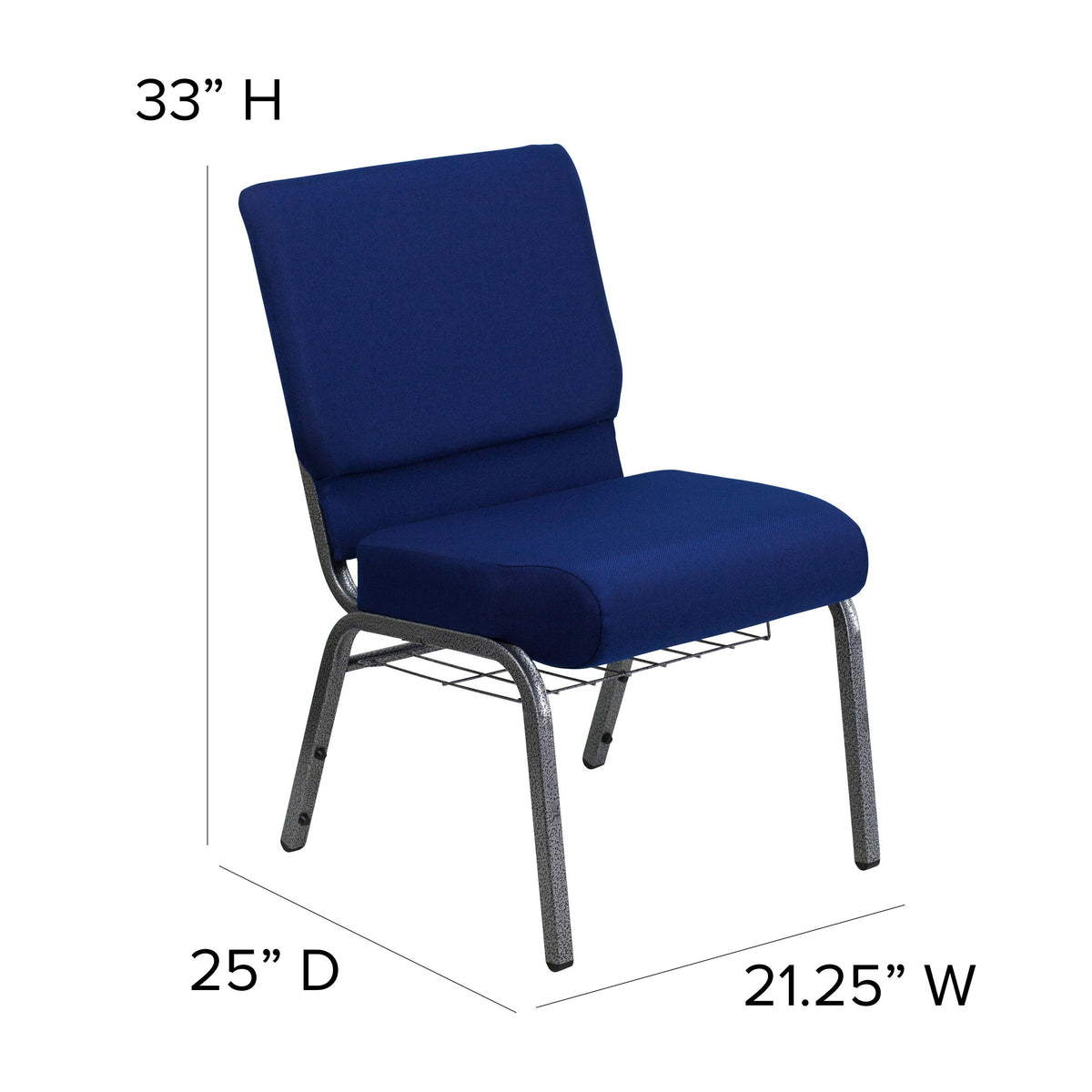 Navy Blue Fabric/Silver Vein Frame |#| 21inchW Church Chair in Navy Blue Fabric with Cup Book Rack - Silver Vein Frame