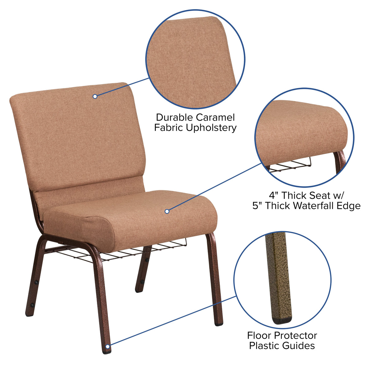 Caramel Fabric/Copper Vein Frame |#| 21inchW Church Chair in Caramel Fabric with Cup Book Rack - Copper Vein Frame