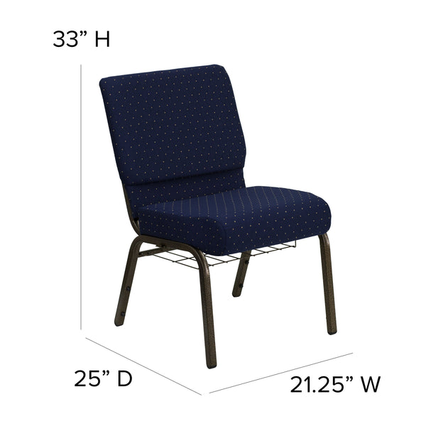 Navy Blue Dot Patterned Fabric/Gold Vein Frame |#| 21inchW Church Chair in Navy Blue Dot Patterned Fabric with Book Rack-Gold Frame