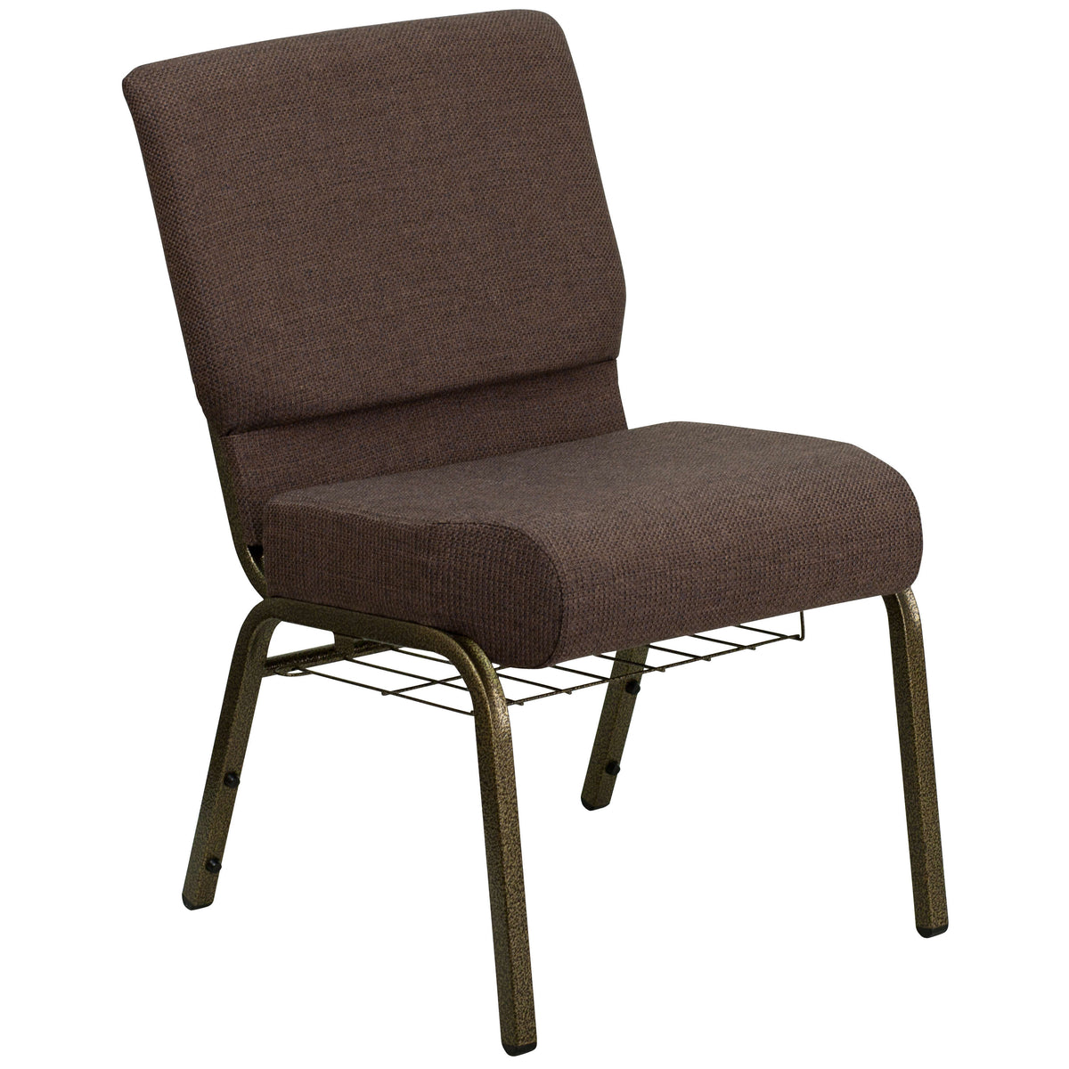 Brown Fabric/Gold Vein Frame |#| 21inchW Church Chair in Brown Fabric with Cup Book Rack - Gold Vein Frame