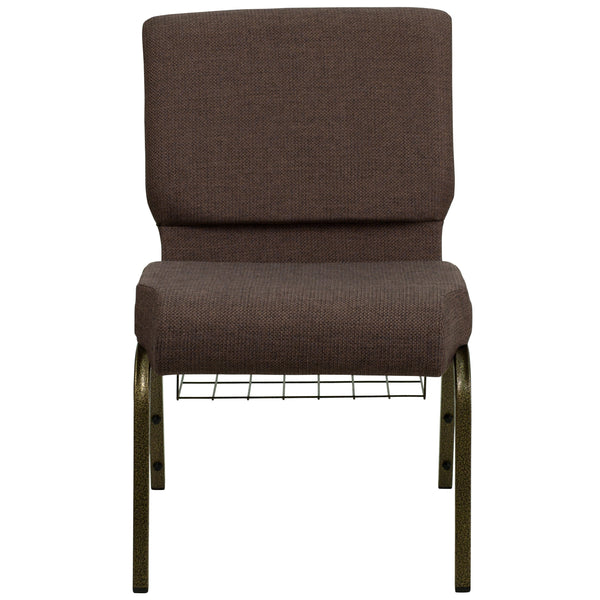 Brown Fabric/Gold Vein Frame |#| 21inchW Church Chair in Brown Fabric with Cup Book Rack - Gold Vein Frame