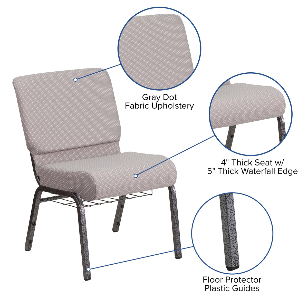 Gray Dot Fabric/Silver Vein Frame |#| 21inchW Church Chair in Gray Dot Fabric with Book Rack - Silver Vein Frame