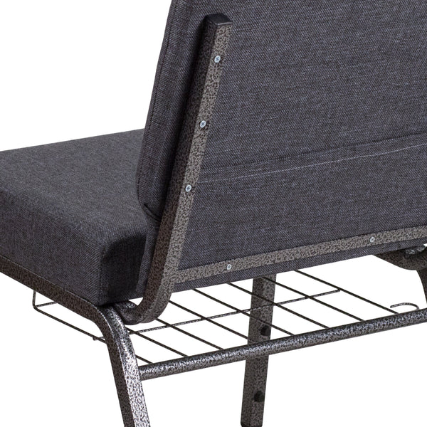 Dark Gray Fabric/Silver Vein Frame |#| 21inchW Church Chair in Dark Gray Fabric with Book Rack - Silver Vein Frame