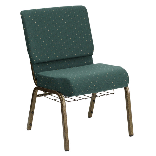 Hunter Green Dot Patterned Fabric/Gold Vein Frame |#| 21inchW Church Chair in Hunter Green Dot Patterned Fabric with Book Rack-Gold Frame