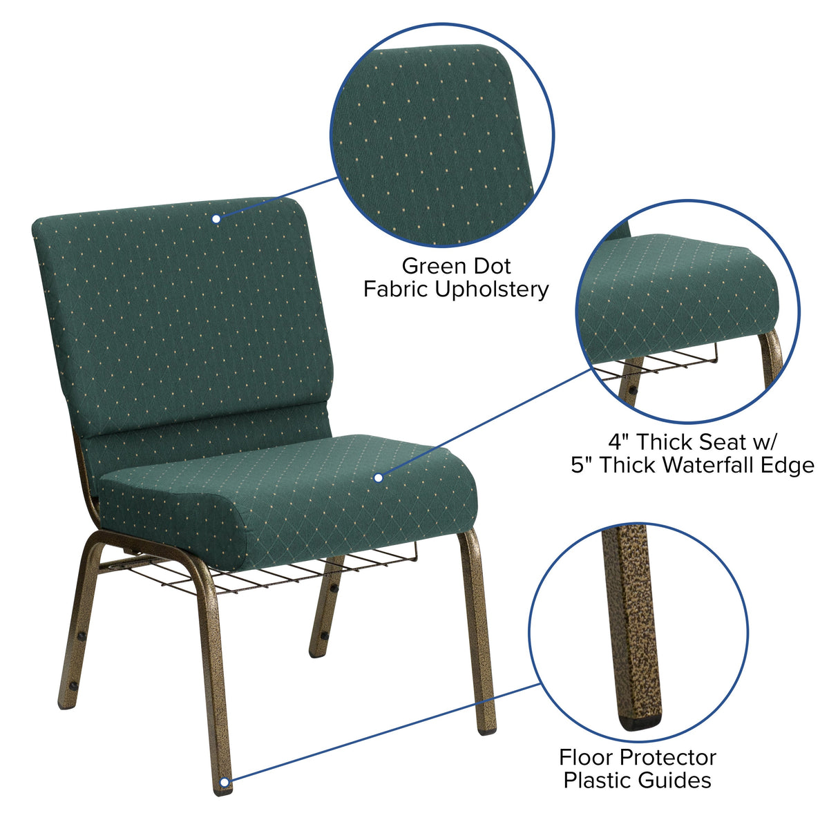 Hunter Green Dot Patterned Fabric/Gold Vein Frame |#| 21inchW Church Chair in Hunter Green Dot Patterned Fabric with Book Rack-Gold Frame