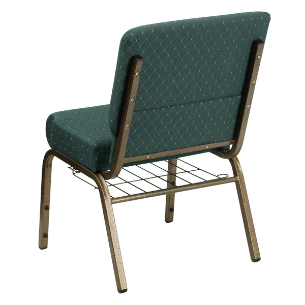 Hunter Green Dot Patterned Fabric/Gold Vein Frame |#| 21inchW Church Chair in Hunter Green Dot Patterned Fabric with Book Rack-Gold Frame