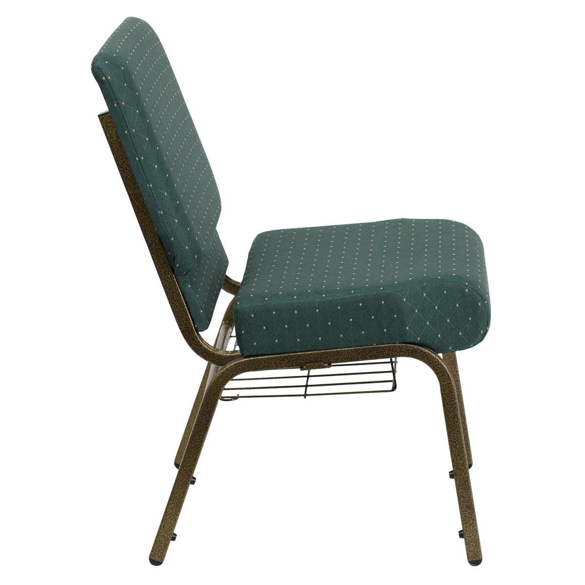 Hunter Green Dot Patterned Fabric/Gold Vein Frame |#| 21inchW Church Chair in Hunter Green Dot Patterned Fabric with Book Rack-Gold Frame