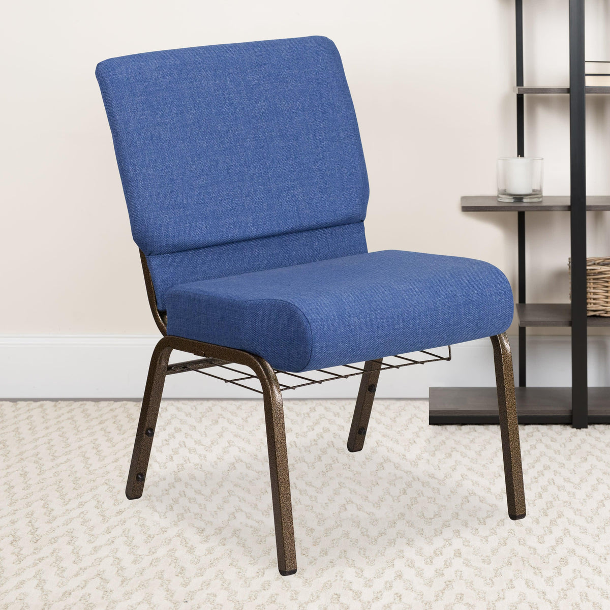 Blue Fabric/Gold Vein Frame |#| 21inchW Church Chair in Blue Fabric with Cup Book Rack - Gold Vein Frame