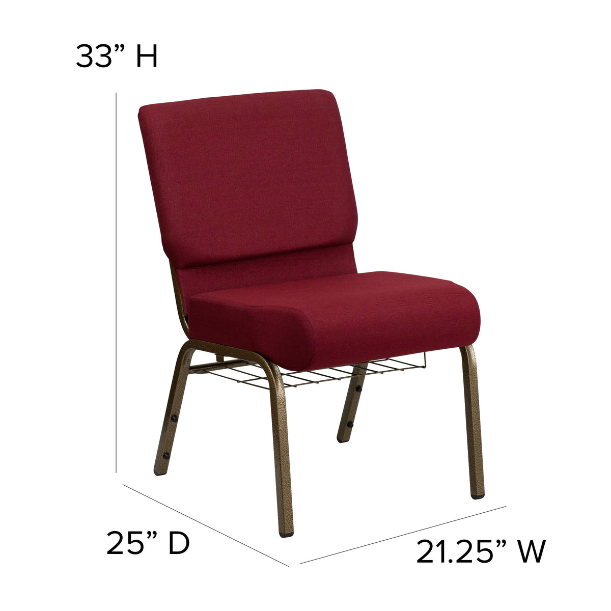 Burgundy Fabric/Gold Vein Frame |#| 21inchW Church Chair in Burgundy Fabric with Cup Book Rack - Gold Vein Frame