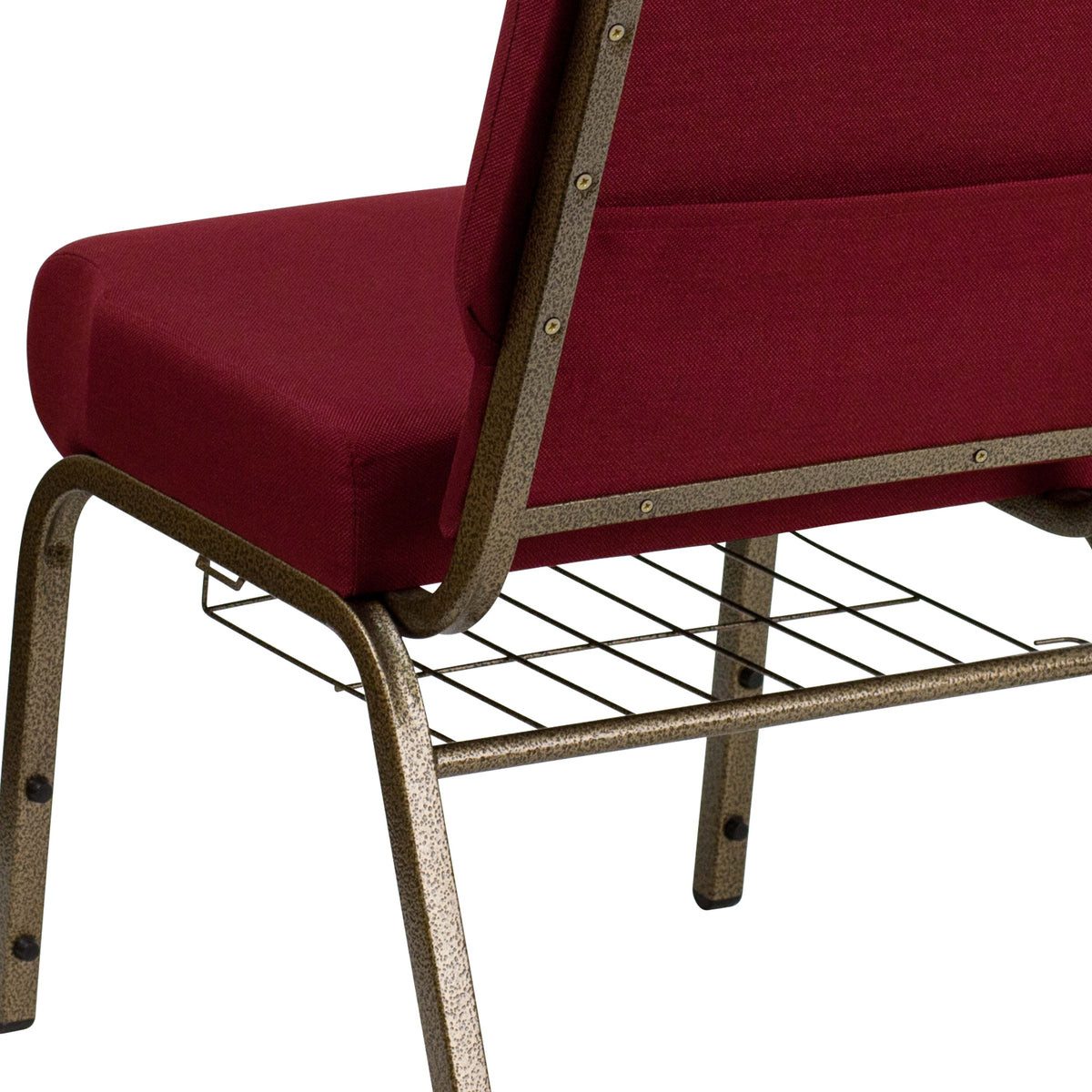 Burgundy Fabric/Gold Vein Frame |#| 21inchW Church Chair in Burgundy Fabric with Cup Book Rack - Gold Vein Frame