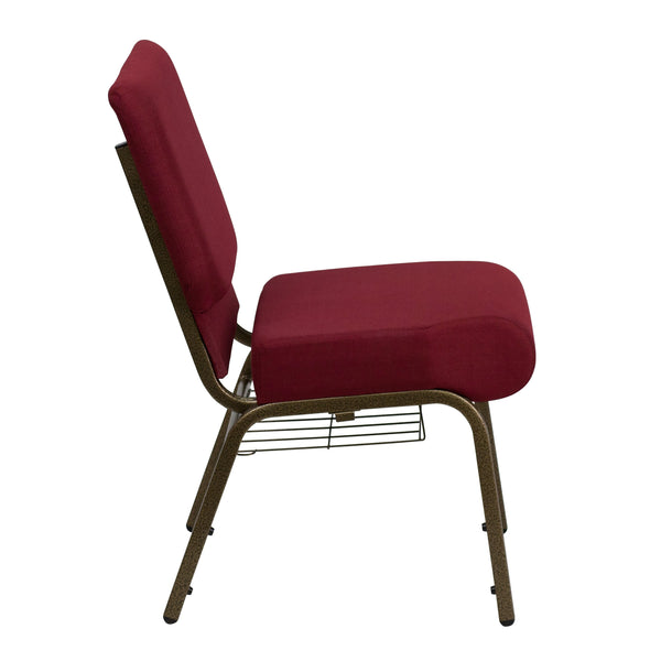 Burgundy Fabric/Gold Vein Frame |#| 21inchW Church Chair in Burgundy Fabric with Cup Book Rack - Gold Vein Frame