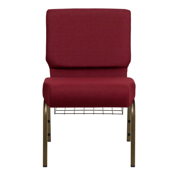 Burgundy Fabric/Gold Vein Frame |#| 21inchW Church Chair in Burgundy Fabric with Cup Book Rack - Gold Vein Frame