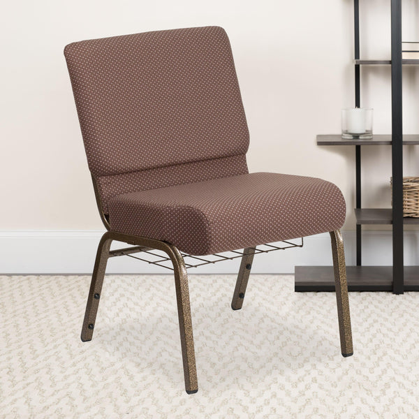 Brown Dot Fabric/Gold Vein Frame |#| 21inchW Church Chair in Brown Dot Fabric with Book Rack - Gold Vein Frame